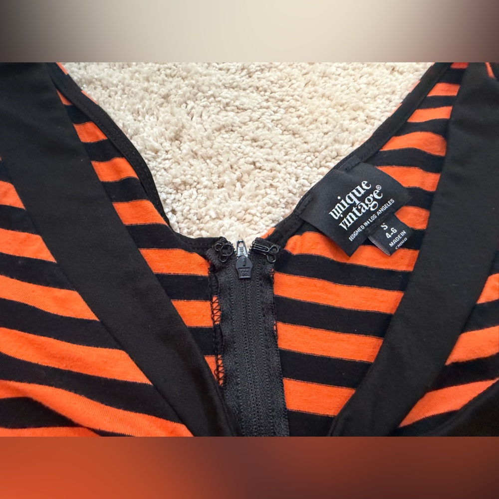Unique Vintage Orange and Black Striped Midi Flare Dress Size Small - Picture 6 of 9